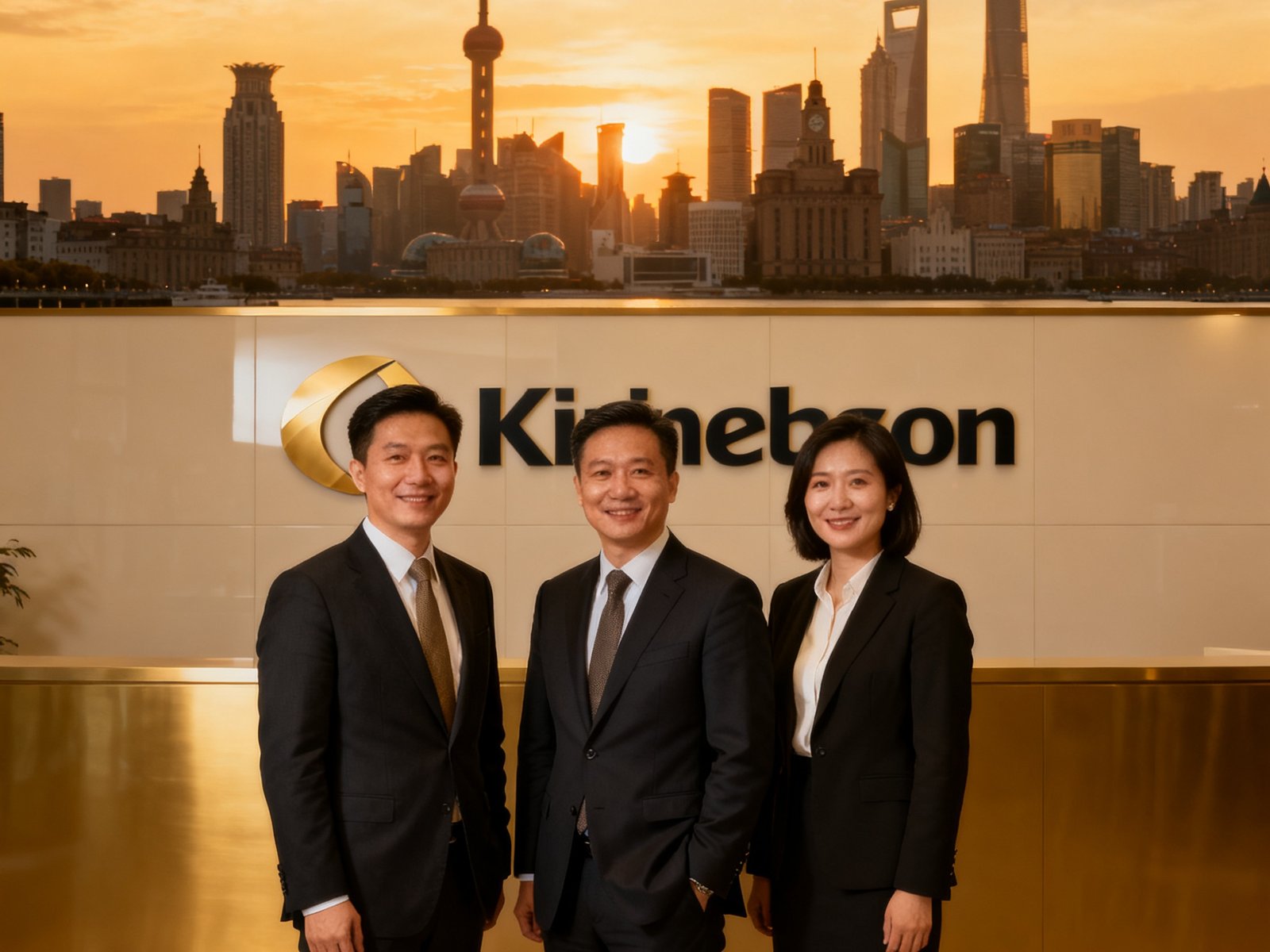 公海贵宾会三位创始人身着正装站在公司logo墙前的合影，背景是上海外滩天际线的黄昏景色，三人目光坚定而温暖