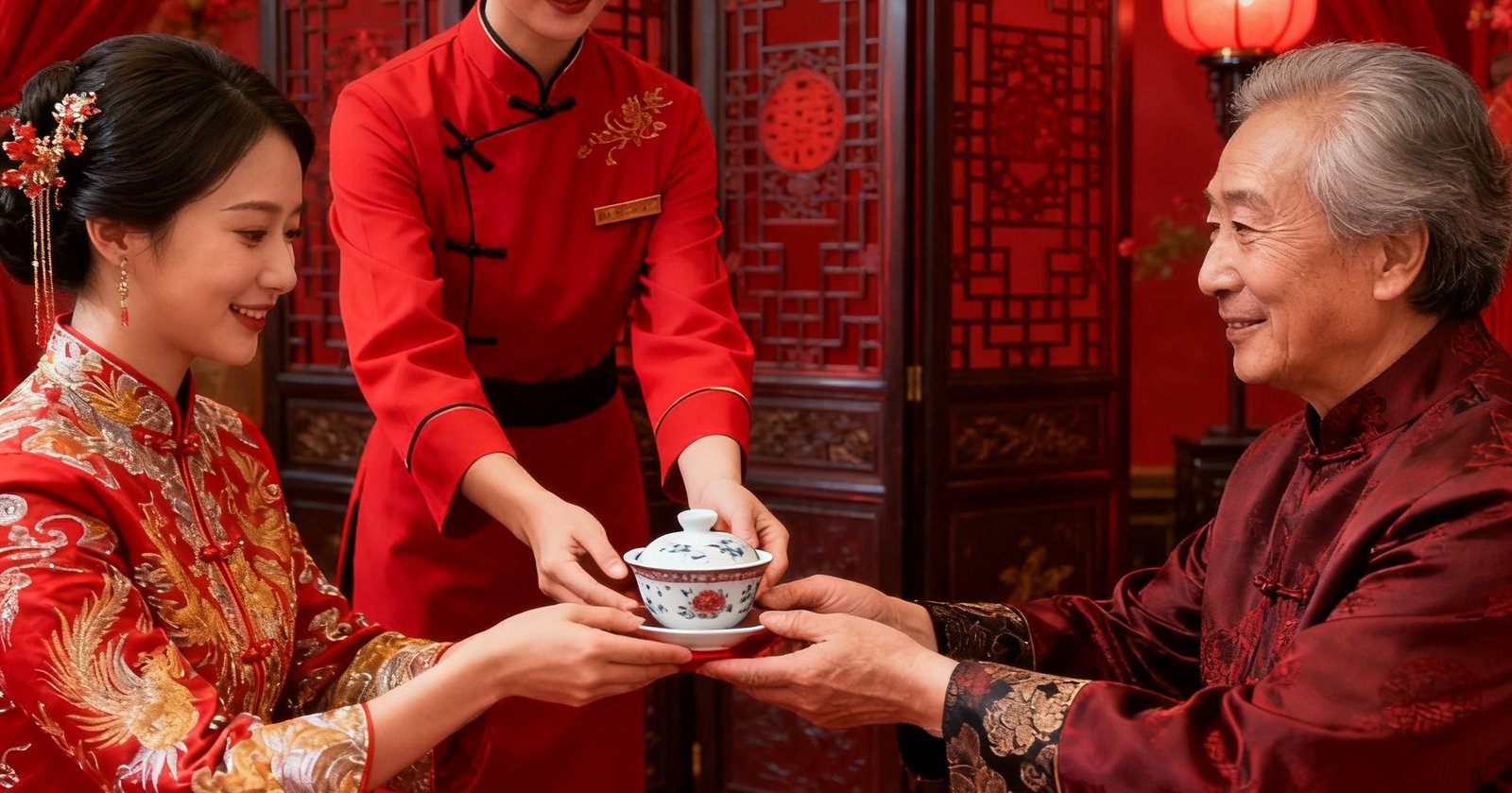 中式传统婚礼贵宾接待场景，红色主题布置中身着中式礼服的礼宾专员正恭敬地为长辈来宾奉上盖碗茶，周围是中式屏风与红灯笼装饰