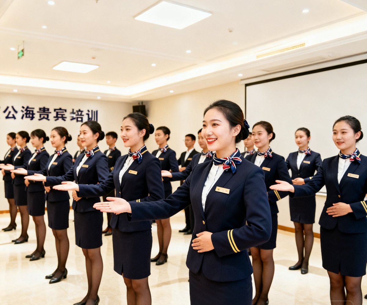 公海贵宾会礼宾专员团队在实训基地进行接待礼仪培训的场景，成员们身着统一制服认真练习迎宾姿态