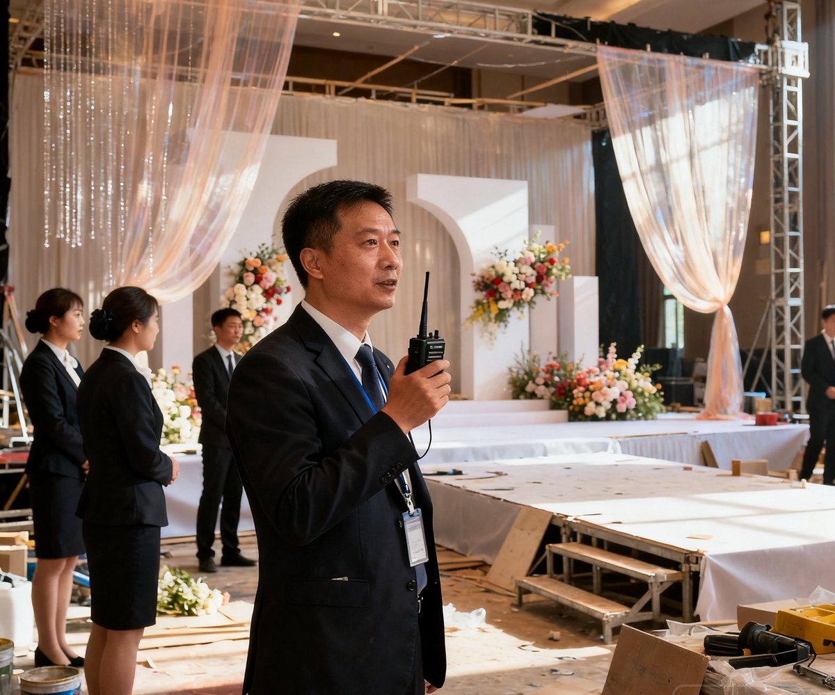 执行总监在婚礼现场手持对讲机协调各岗位礼宾人员的工作场景，背景是正在布置中的婚礼仪式区
