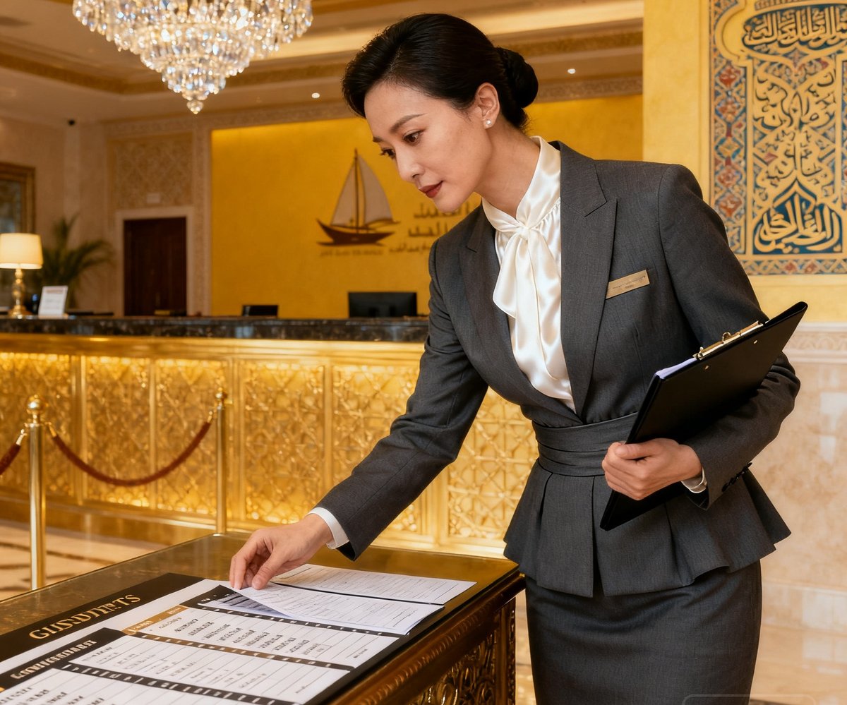 礼宾策划部总监林婉清在迪拜帆船酒店工作时期服务皇室婚礼的历史照片，身着优雅职业装正在检查接待细节